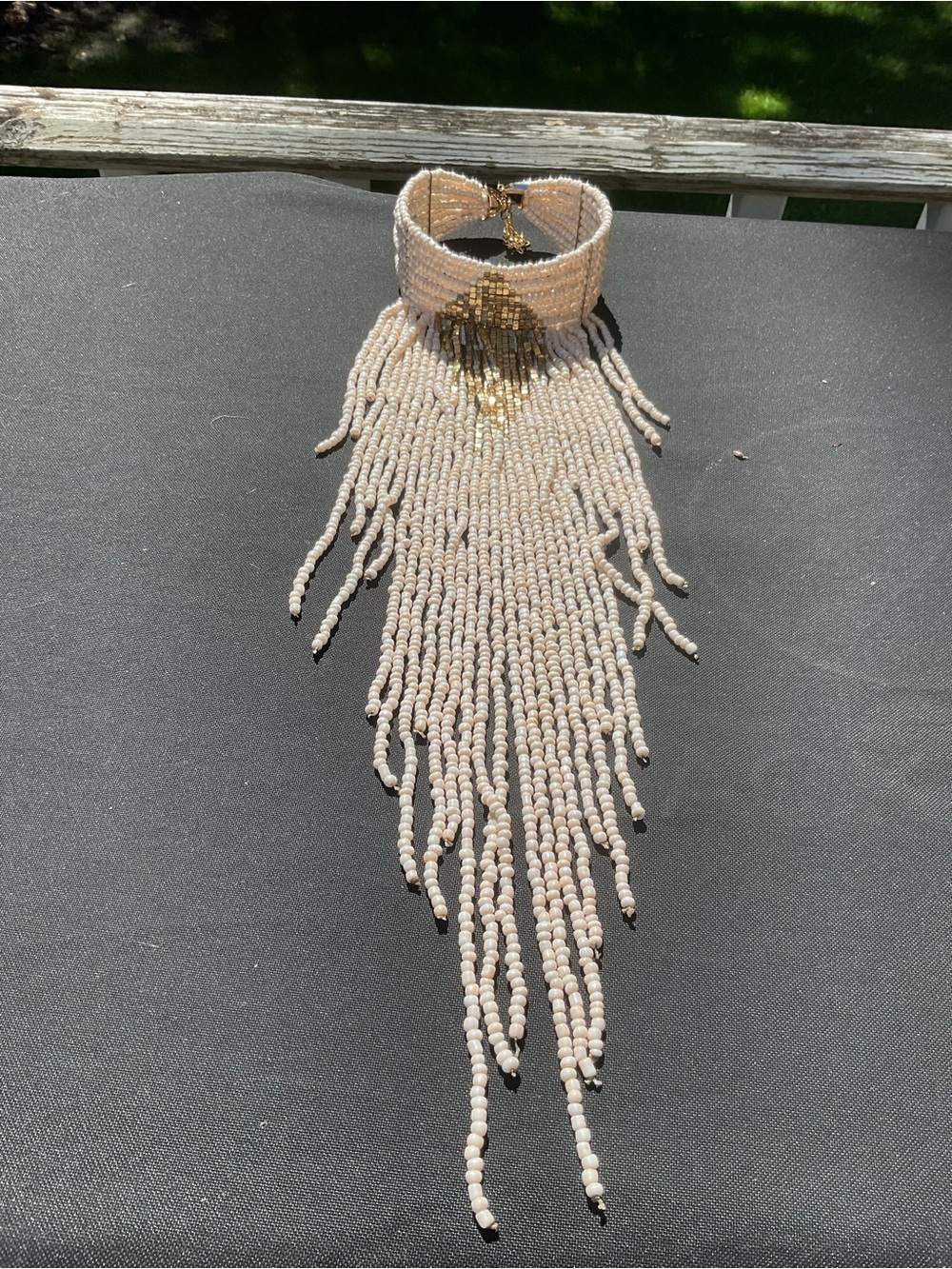 Beaded Fringe Statement Choker Necklace - Cream & Gold 17.5” long